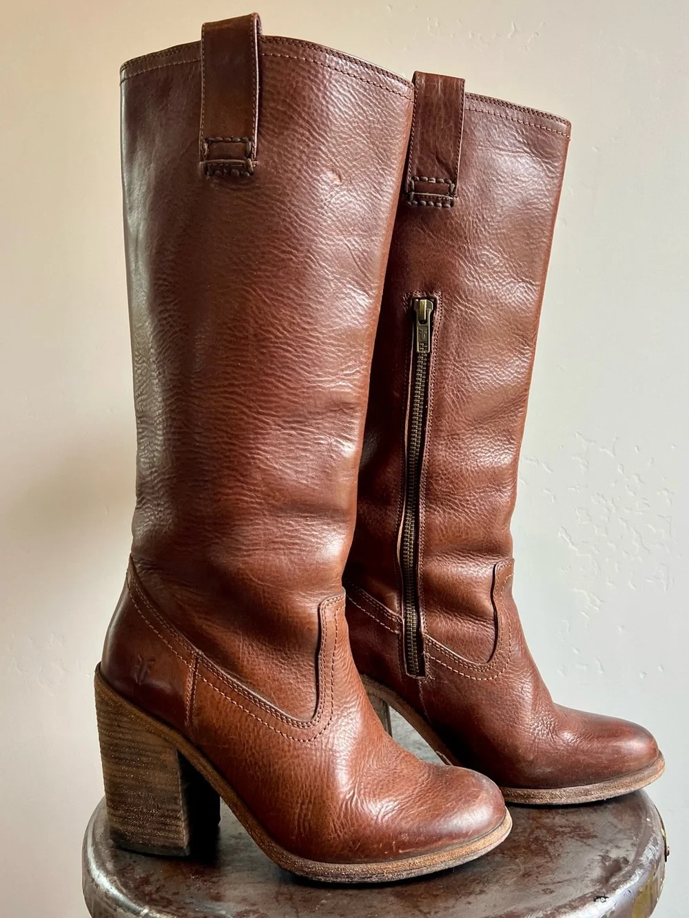 Frye / Leather Mid-Calf Zip Heel Boots / Size 7 - Picture 1 of 13